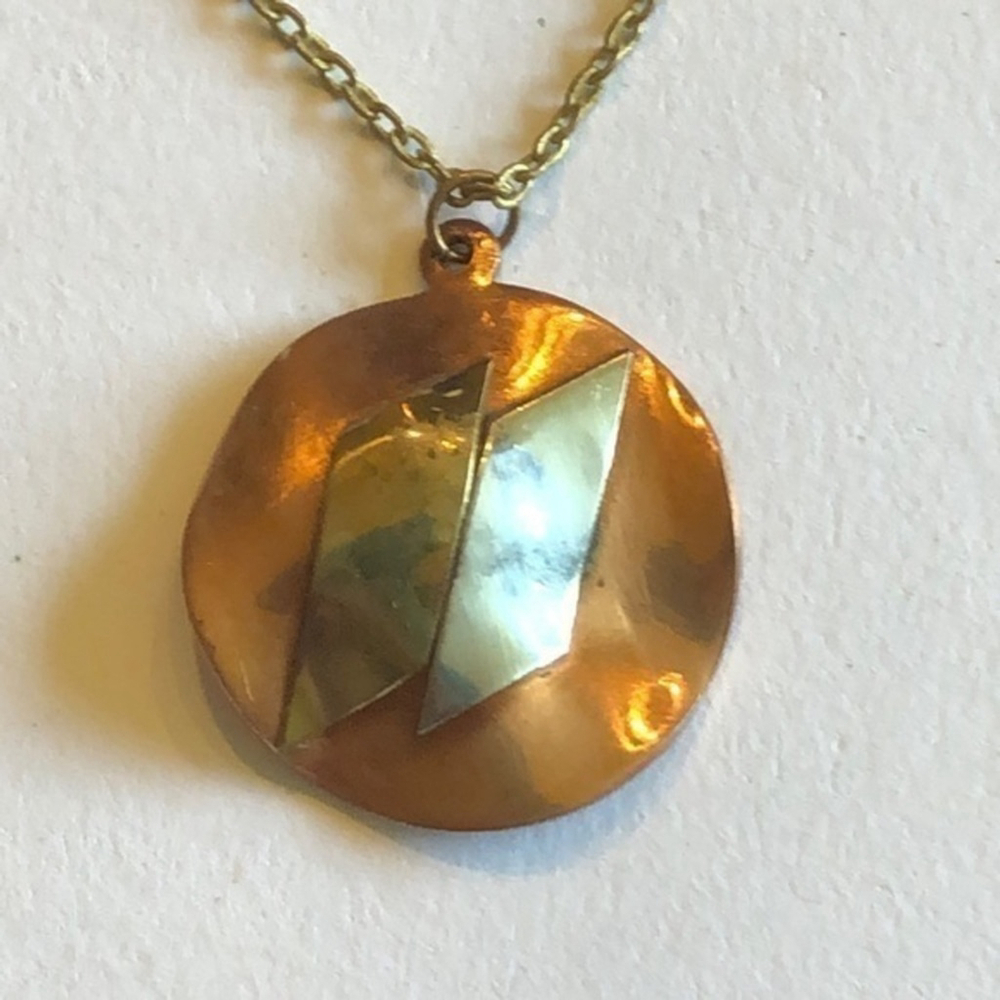 Vintage Copper Round Pendant & Gold Chain Necklace